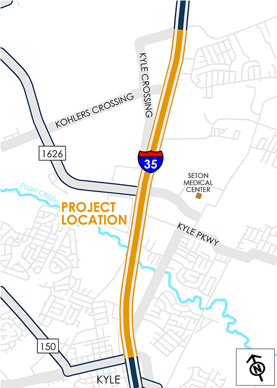 Map of I-35 from RM 150 to Kyle Crossing